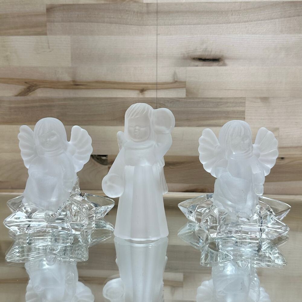 Beautiful set of 3 frosted glass angel‎ candle holders holidays Christmas angels